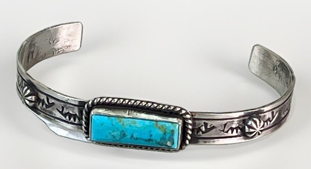 Navajo Handmade Sterling Silver Kingman Turquoise Cuff Signed by Donovan Skeet